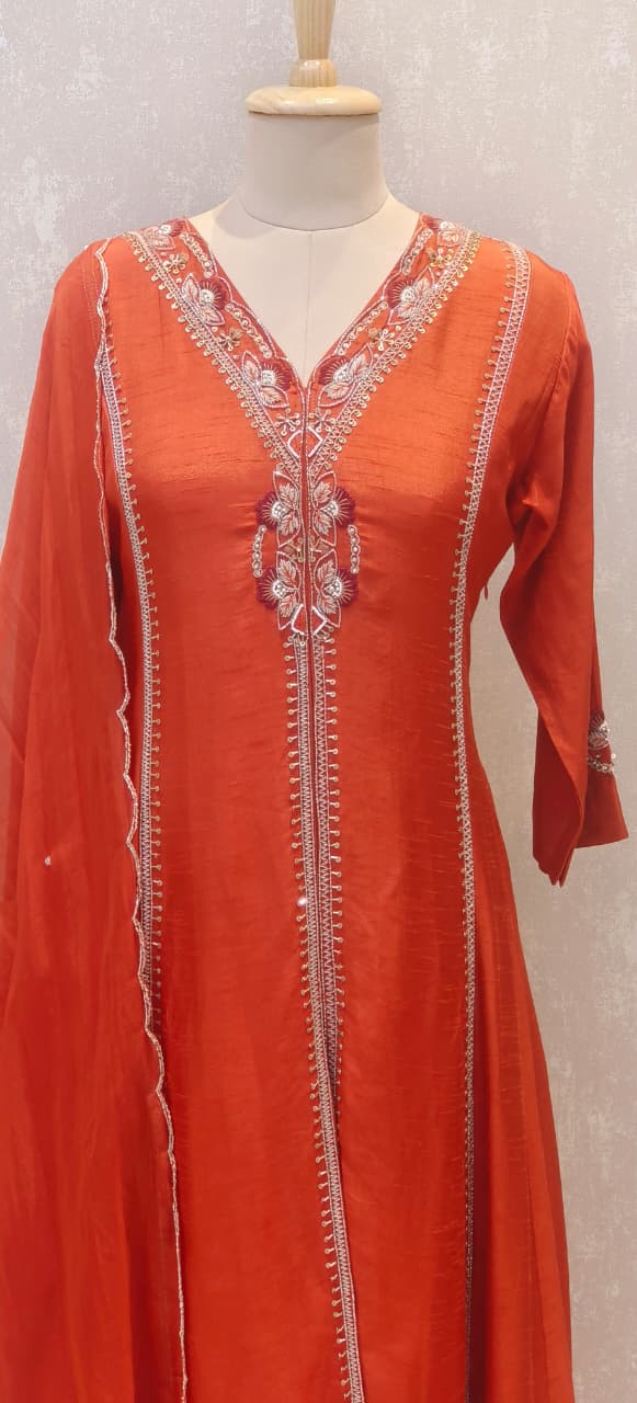 Designer Dola Silk A-Line Kurta–Palazzo Set With Front Slit Featuring Detailed Hand Embroidery and Dupatta DRYWASH-12583