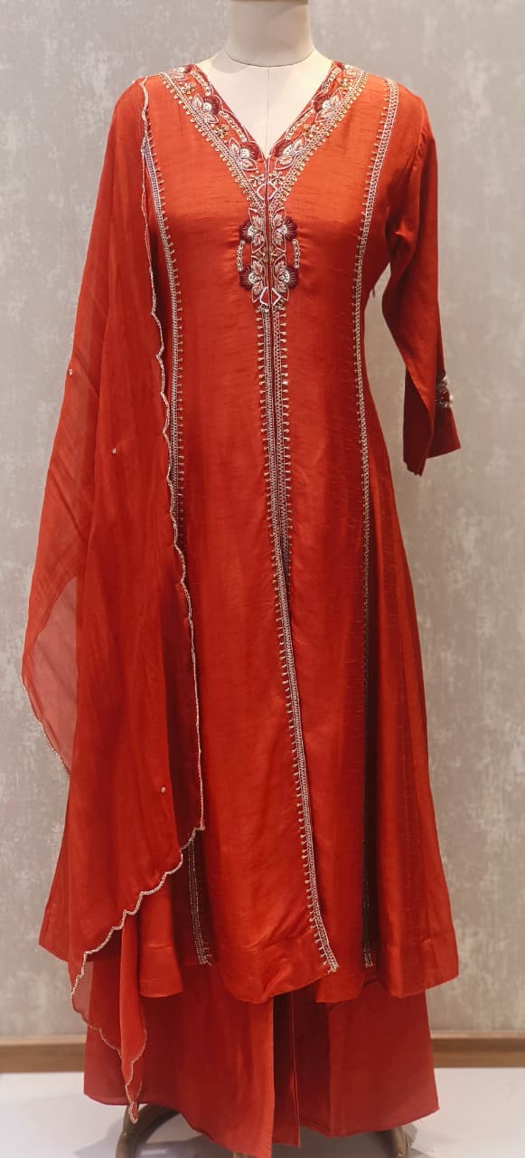Designer Dola Silk A-Line Kurta–Palazzo Set With Front Slit Featuring Detailed Hand Embroidery and Dupatta DRYWASH-12583