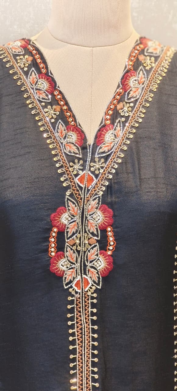 Designer Dola Silk A-Line Kurta–Palazzo Set With Front Slit Featuring Detailed Hand Embroidery and Dupatta DRYWASH-12583