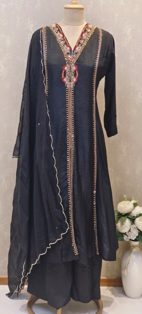 Designer Dola Silk A-Line Kurta–Palazzo Set With Front Slit Featuring Detailed Hand Embroidery and Dupatta DRYWASH-12583