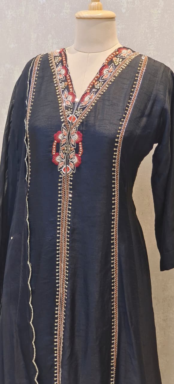 Designer Dola Silk A-Line Kurta–Palazzo Set With Front Slit Featuring Detailed Hand Embroidery and Dupatta DRYWASH