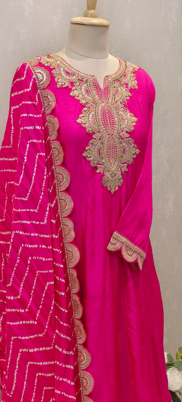 Premium Silk Embroidered Anarkali Style Kurta With Loose Palazzo Suit Set with Heavy Zari, Sequence Work & Bandhej-Patterned Dupatta DRYWASH