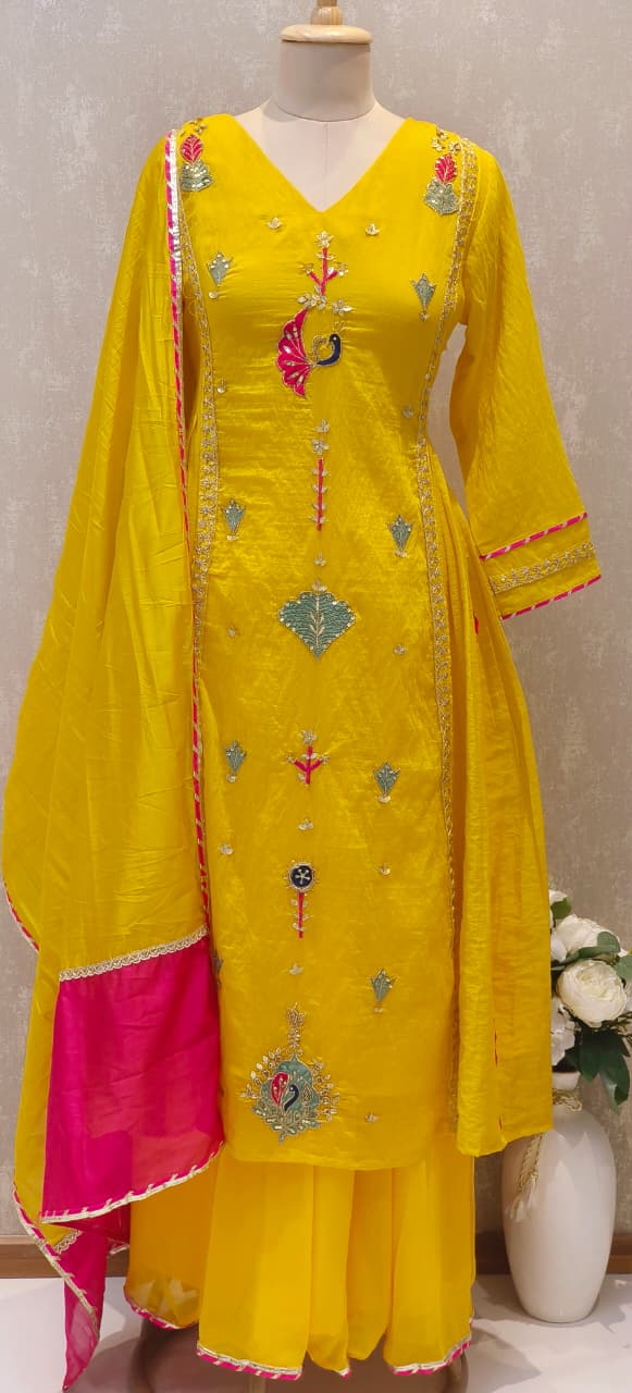 Surat Mul Chanderi Embroidered Anarkali Kurta With Loose Georgette Bottom Set with Festive Motifs, Delicate Sleeve Work & Bright Contrast Dupatta Finish