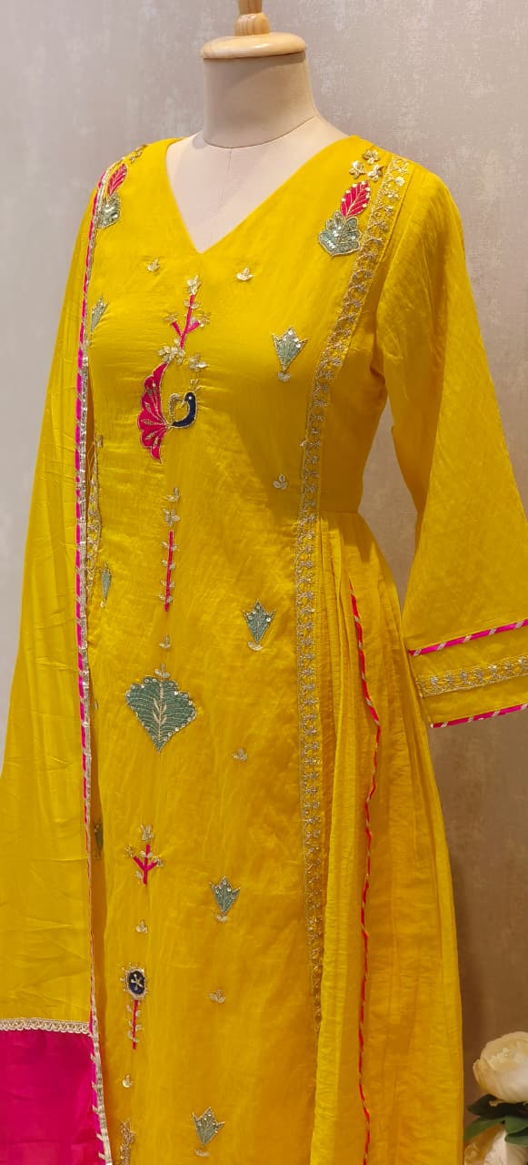 Surat Mul Chanderi Embroidered Anarkali Kurta With Loose Georgette Bottom Set with Festive Motifs, Delicate Sleeve Work & Bright Contrast Dupatta Finish