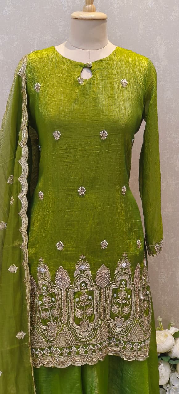 Royale Shimmer Tissue Suit Set Adorned with Intricate Thread–Zari Work, Flared Bottom & Embellished Dupatta