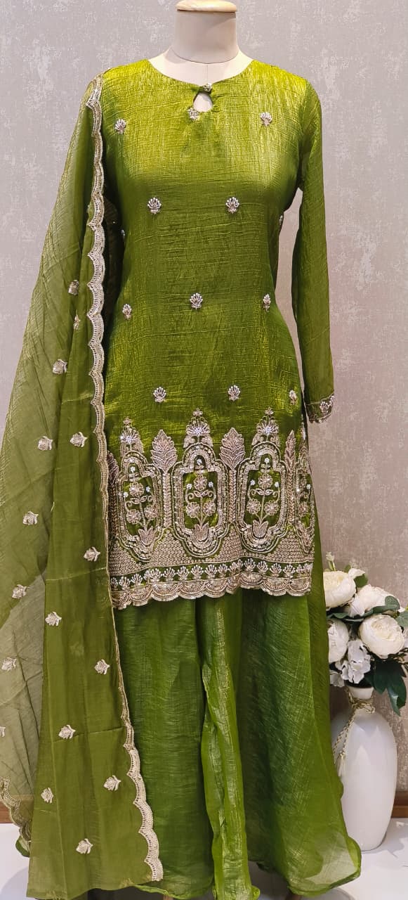 Royale Shimmer Tissue Suit Set Adorned with Intricate Thread–Zari Work, Flared Bottom & Embellished Dupatta