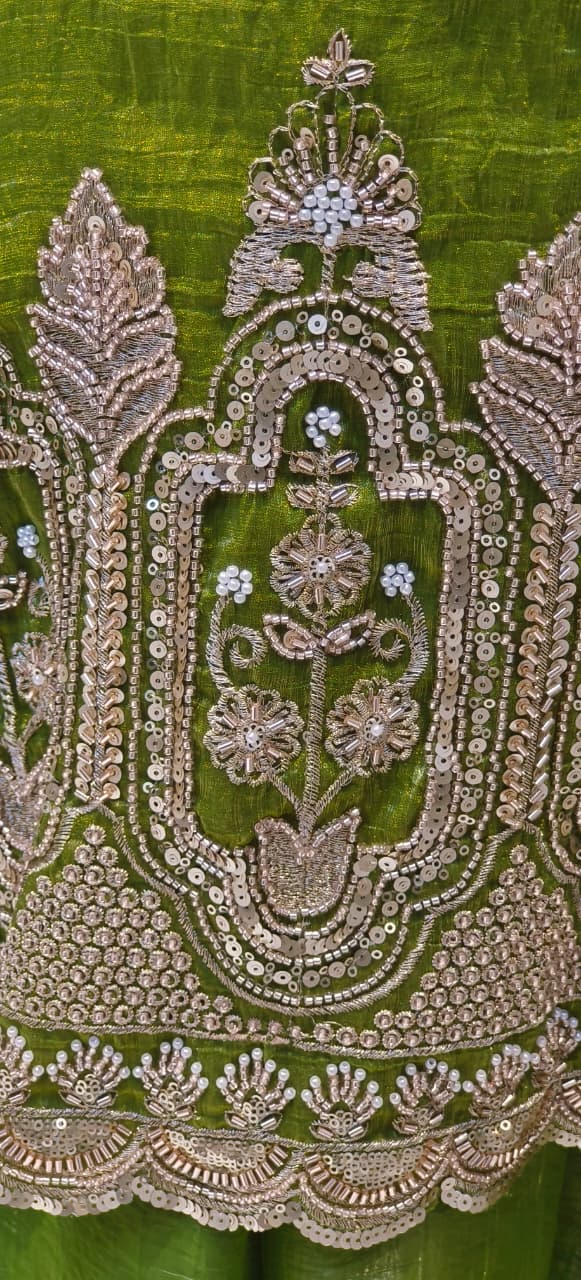 Royale Shimmer Tissue Suit Set Adorned with Intricate Thread–Zari Work, Flared Bottom & Embellished Dupatta