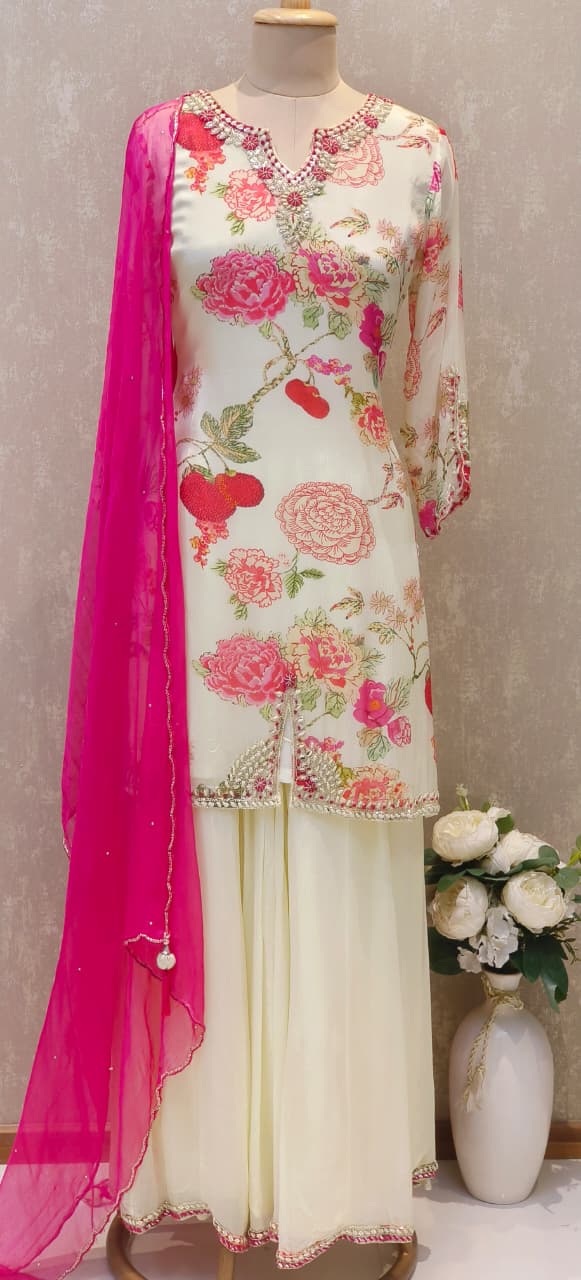 Chinon Fabric Premium Kurta Front Slit Set Featuring Digital Floral Prints, Heavy Neck Embellishments & Flared Palazzo DRYWASH-12586