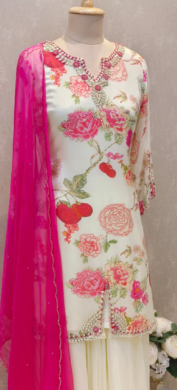 Chinon Fabric Premium Kurta Front Slit Set Featuring Digital Floral Prints, Heavy Neck Embellishments & Flared Palazzo DRYWASH-12586