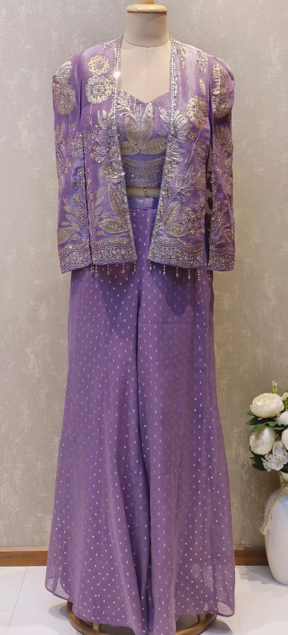 Luxury Banarasi Silk Three-Piece Co-ord Set with Heavy Zari Embroidered Jacket, Designer Padded Bustier & Flared Palazzo Pants DRYWASH