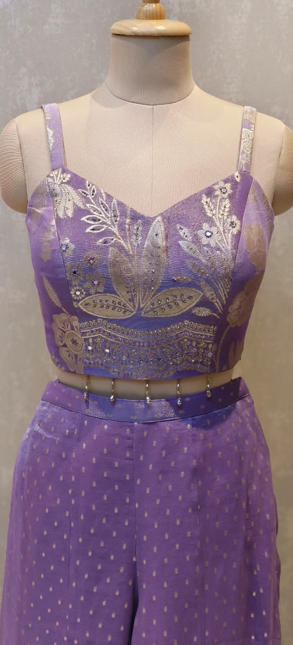 Luxury Banarasi Silk Three-Piece Co-ord Set with Heavy Zari Embroidered Jacket, Designer Padded Bustier & Flared Palazzo Pants DRYWASH