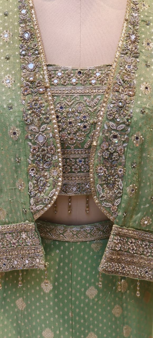 Banarasi Silk Premium Jacket Suit Set with Heritage Weave Detail, Embellished Crop Top & Wide Flared Bottoms