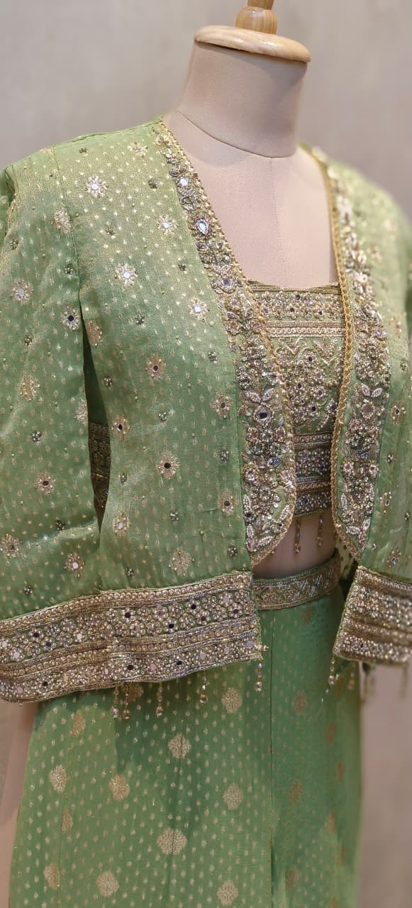 Banarasi Silk Premium Jacket Suit Set with Heritage Weave Detail, Embellished Crop Top & Wide Flared Bottoms