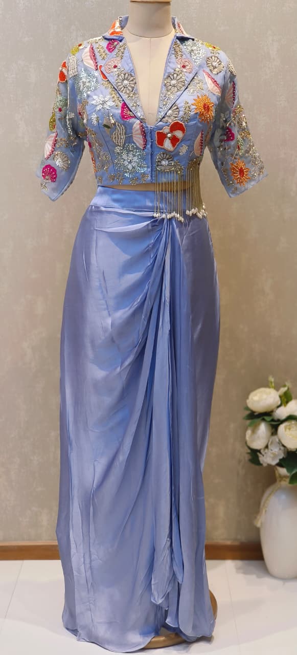 Designer Embroidered Crop Top With Crepe Drape Skirt DRYWASH (Dispatching After 45 Days On Orders)