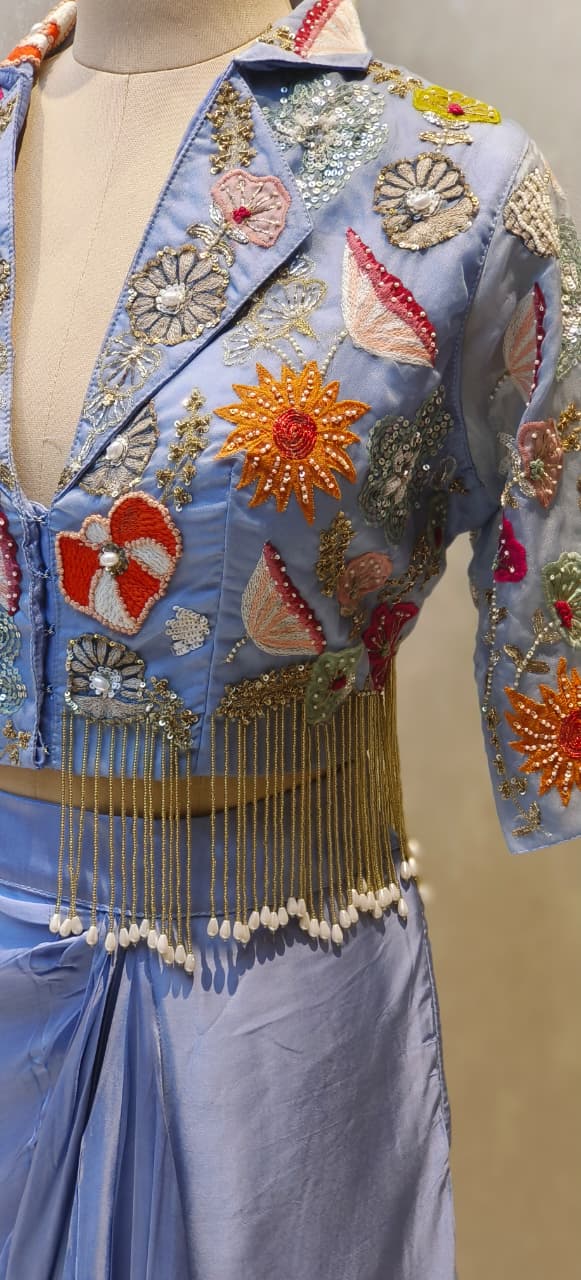 Designer Embroidered Crop Top With Crepe Drape Skirt DRYWASH (Dispatching After 45 Days On Orders)