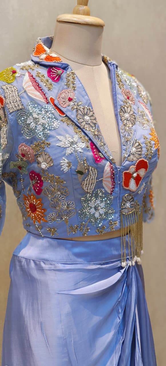 Designer Embroidered Crop Top With Crepe Drape Skirt DRYWASH (Dispatching After 45 Days On Orders)