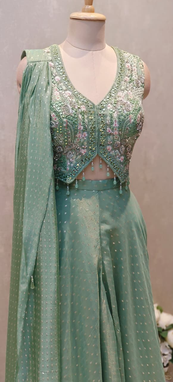 Designer Pastel Green Banarasi Silk Palazzo Set with Intricately Embellished Crop Top and Fully Hand worked Chokar DupattaDRYWASH