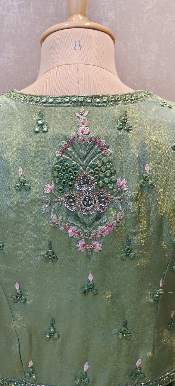 Designer Pastel Green Banarasi Silk Palazzo Set with Intricately Embellished Crop Top and Fully Hand worked Chokar DupattaDRYWASH