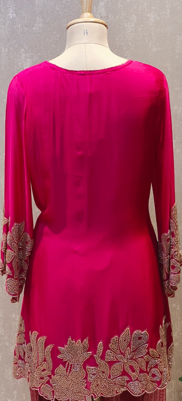 Premium Fuchsia Embroidered Kurta with Zari Work Heavy Brocade Palazzo and Matching Dupatta-12455,12457