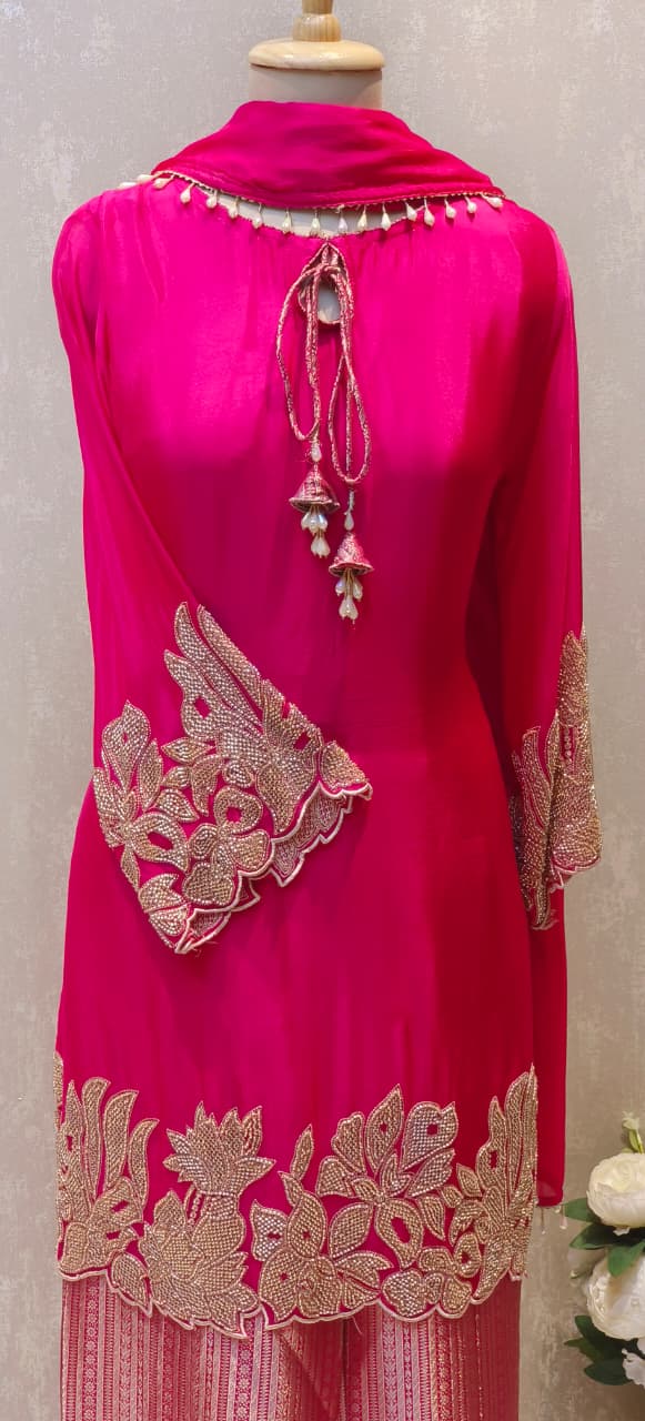 Premium Fuchsia Embroidered Kurta with Zari Work Heavy Brocade Palazzo and Matching Dupatta-12455,12457