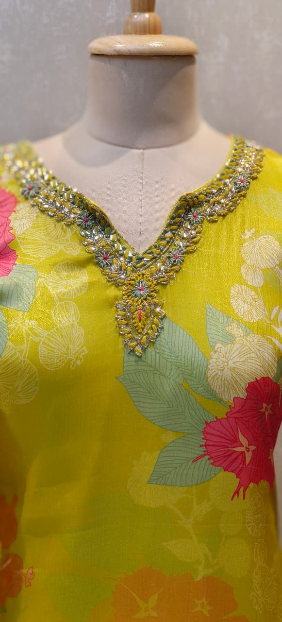 Chinon Fabric Partywear Kurta Loose Palazzo Ensemble with Full Floral Print,Real Mirror Handwork, and Embellished Dupatta-12581