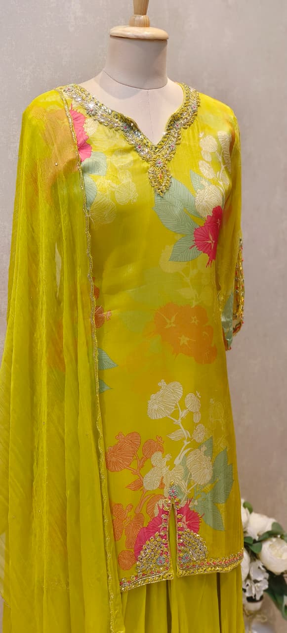 Chinon Fabric Partywear Kurta Loose Palazzo Ensemble with Full Floral Print,Real Mirror Handwork, and Embellished Dupatta-12581