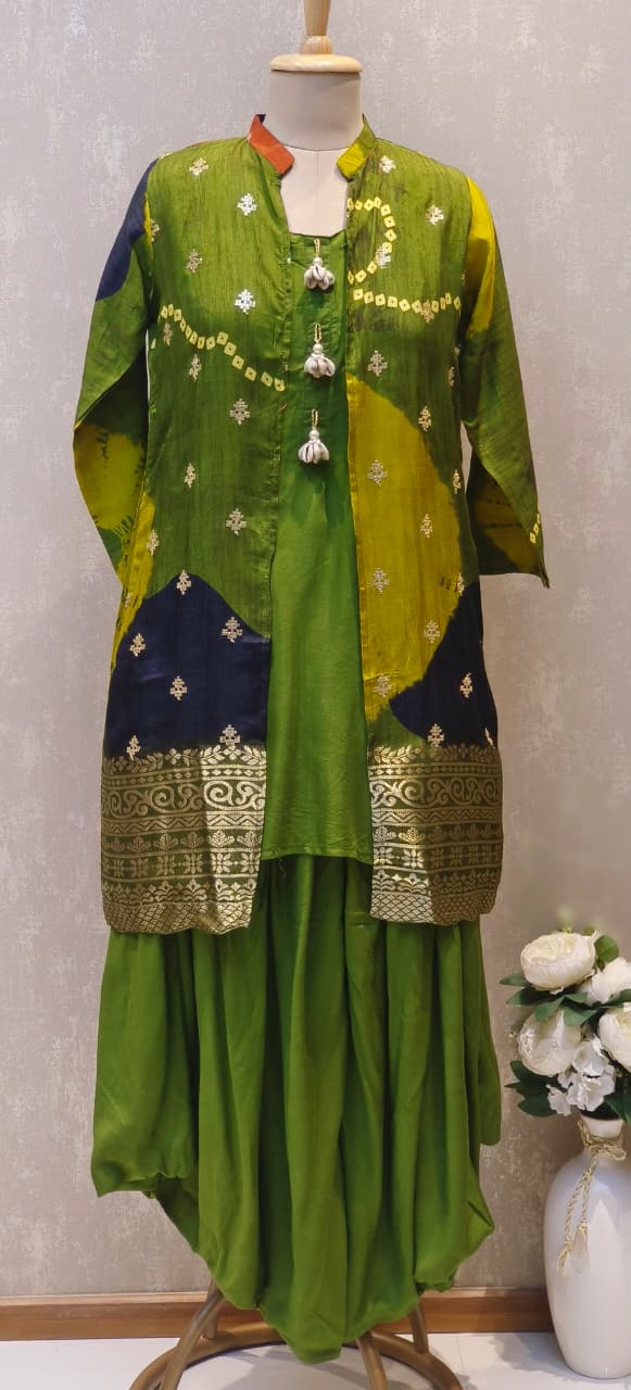 Designer Multi-Tone Silk Jacket Style Kurta Set with Golden Zari Border and Green Harem Bottom