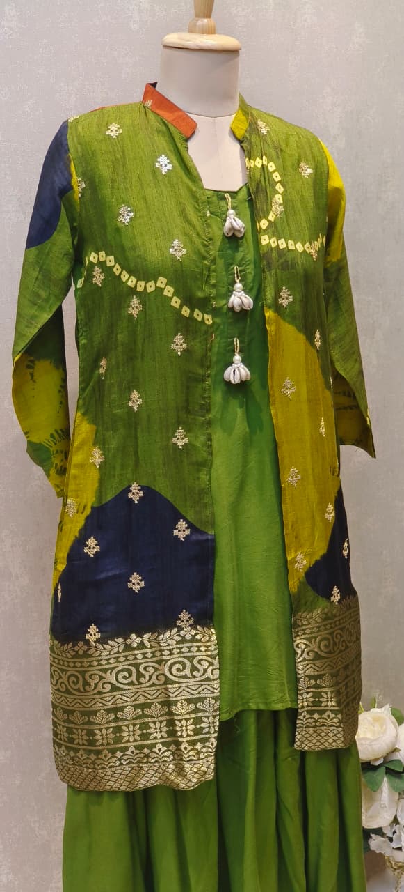 Designer Multi-Tone Silk Jacket Style Kurta Set with Golden Zari Border and Green Harem Bottom
