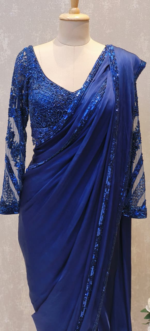 Luxury Navy Blue Partywear Ready Saree with Heavy Sequin Embroidered Blouse and Elegant Sequin Pallu-12606 RB88