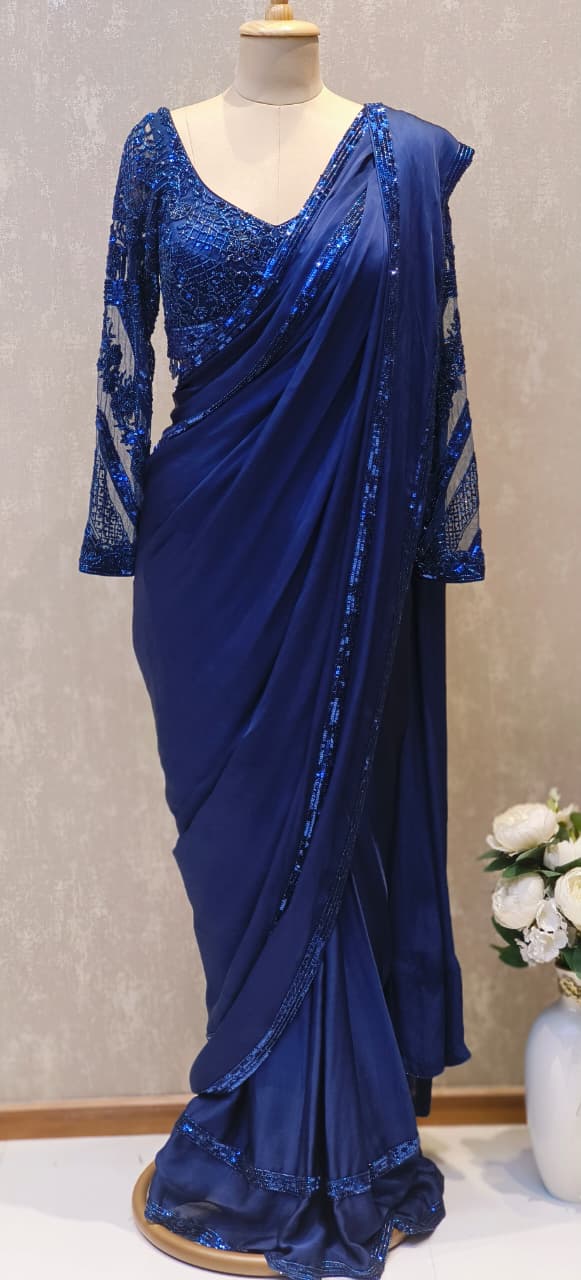 Luxury Navy Blue Partywear Ready Saree with Heavy Sequin Embroidered Blouse and Elegant Sequin Pallu-12606 RB88
