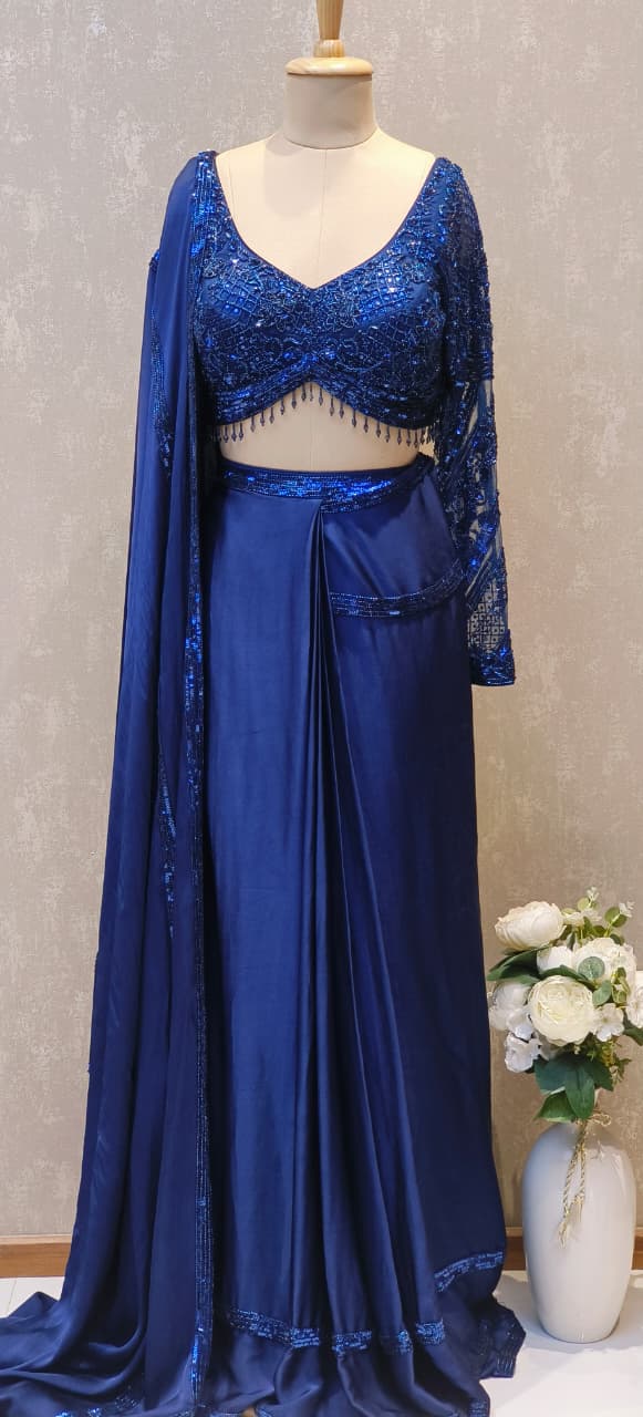 Luxury Navy Blue Partywear Ready Saree with Heavy Sequin Embroidered Blouse and Elegant Sequin Pallu-12606 RB88