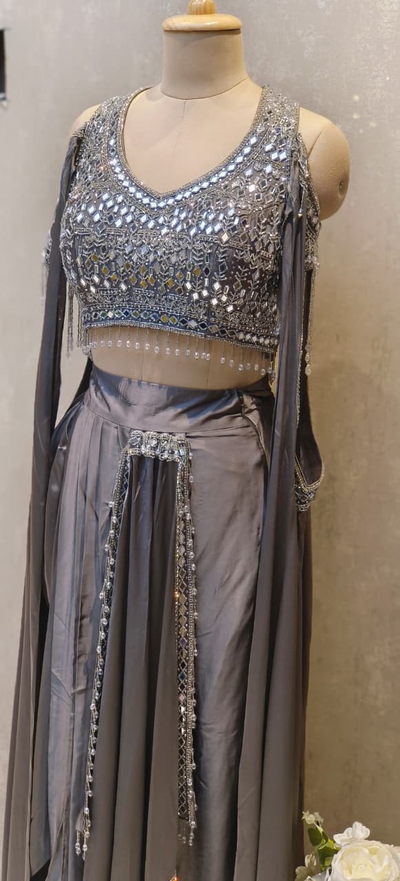 High-Fashion Partywear Drape Skirt Set with Heavy Hand-Embroidered Mirror Blouse, Dramatic Side Cut Drape & Crystal Hangings
