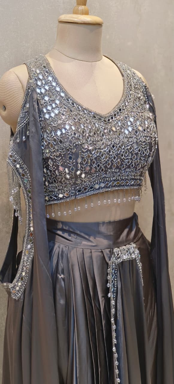 High-Fashion Partywear Drape Skirt Set with Heavy Hand-Embroidered Mirror Blouse, Dramatic Side Cut Drape & Crystal Hangings