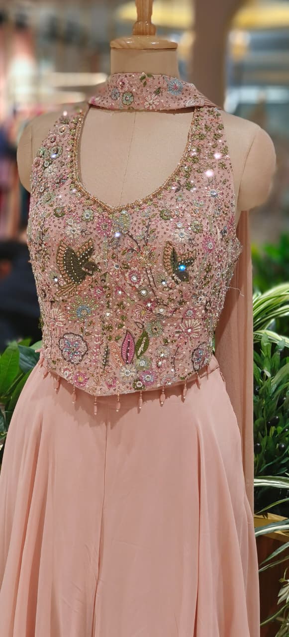 Luxury Embellished Halter Neck Crop Top with Multi-Colour Handwork and High-Flare Palazzo Set With Chokar Dupatta DRYWASH