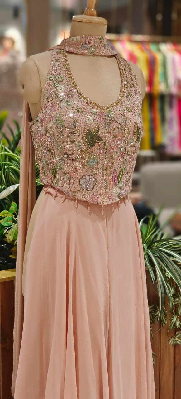 Luxury Embellished Halter Neck Crop Top with Multi-Colour Handwork and High-Flare Palazzo Set With Chokar Dupatta DRYWASH