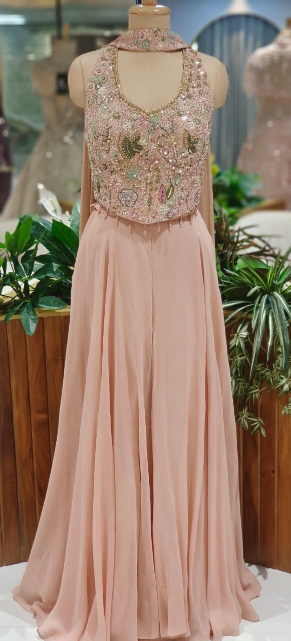 Luxury Embellished Halter Neck Crop Top with Multi-Colour Handwork and High-Flare Palazzo Set With Chokar Dupatta DRYWASH