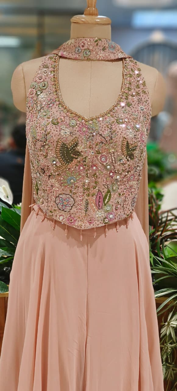 Luxury Embellished Halter Neck Crop Top with Multi-Colour Handwork and High-Flare Palazzo Set With Chokar Dupatta DRYWASH