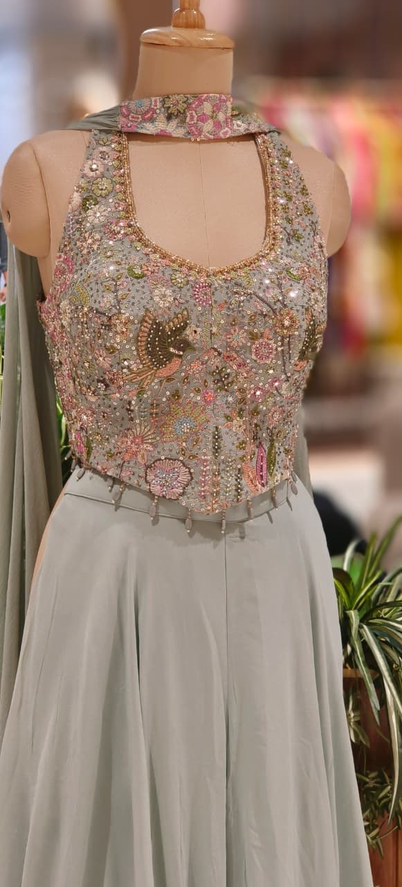 Luxury Embellished Halter Neck Crop Top with Multi-Colour Handwork and High-Flare Palazzo Set With Chokar Dupatta DRYWASH