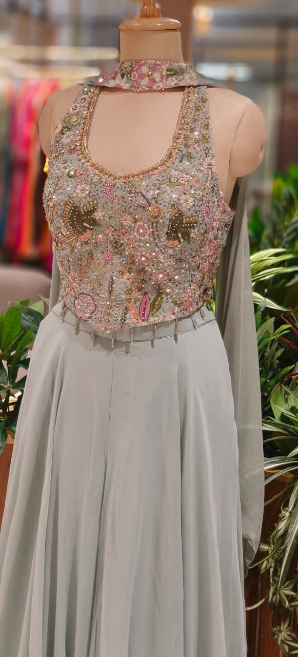 Luxury Embellished Halter Neck Crop Top with Multi-Colour Handwork and High-Flare Palazzo Set With Chokar Dupatta DRYWASH