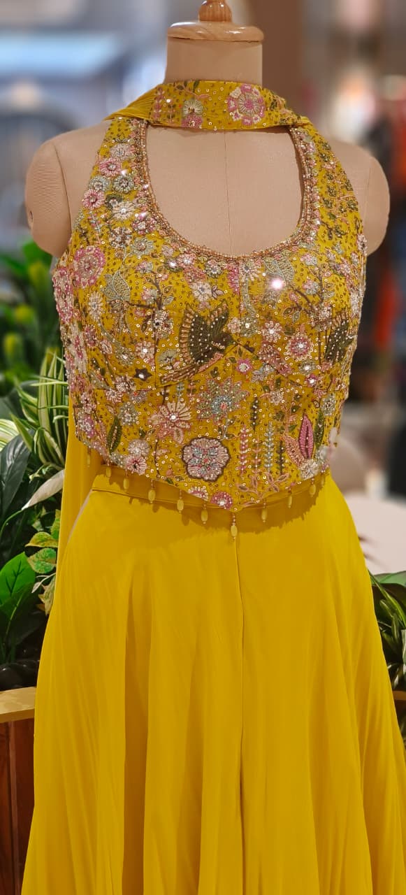 Luxury Embellished Halter Neck Crop Top with Multi-Colour Handwork and High-Flare Palazzo Set With Chokar Dupatta DRYWASH