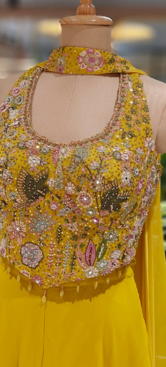 Luxury Embellished Halter Neck Crop Top with Multi-Colour Handwork and High-Flare Palazzo Set With Chokar Dupatta DRYWASH
