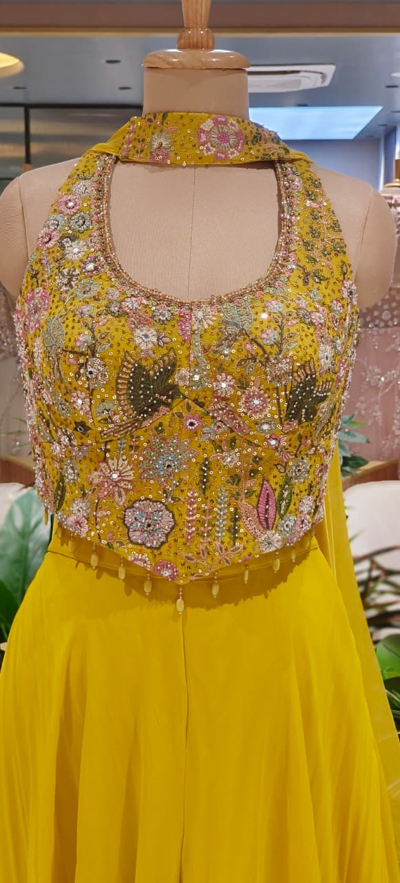 Luxury Embellished Halter Neck Crop Top with Multi-Colour Handwork and High-Flare Palazzo Set With Chokar Dupatta DRYWASH