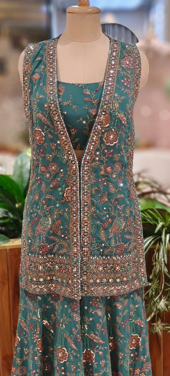 Elegant Emerald Green Designer Ensemble Featuring Heavy Embroidered Jacket and Matching Flared Palazzo