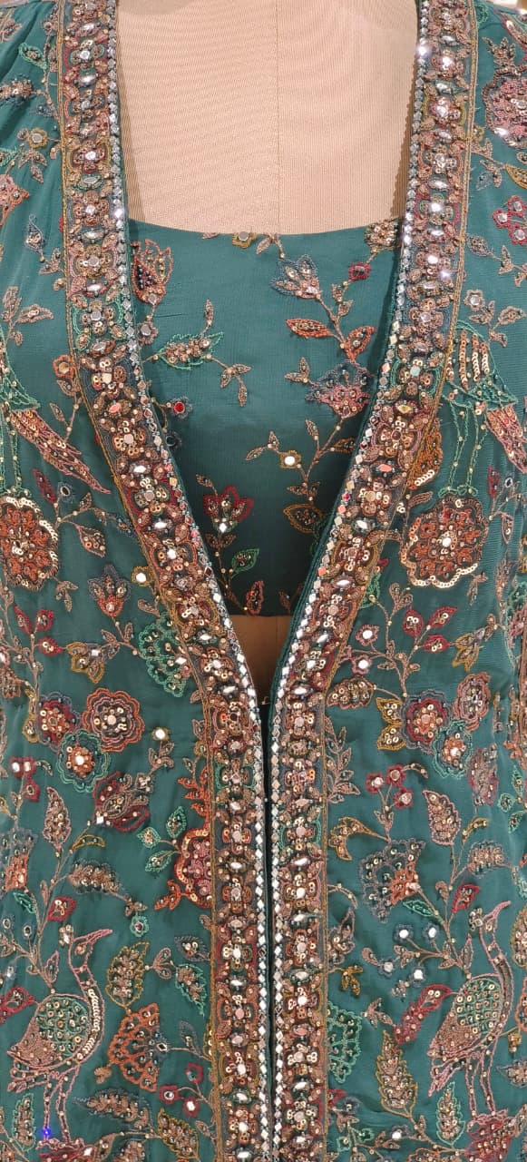 Elegant Emerald Green Designer Ensemble Featuring Heavy Embroidered Jacket and Matching Flared Palazzo