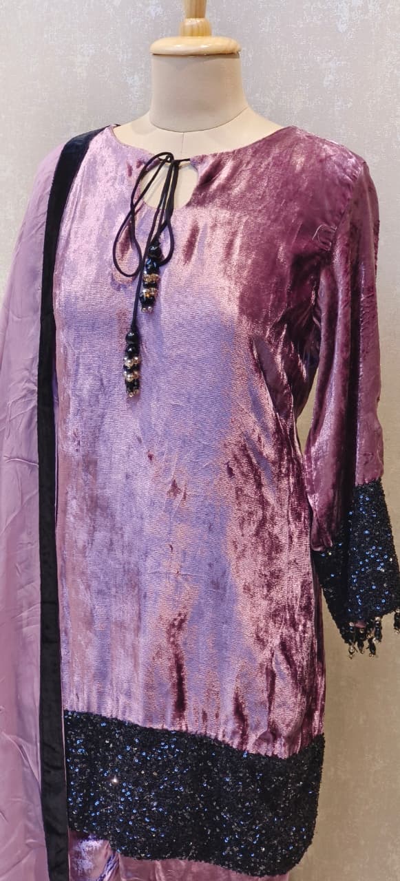 Designer Heavy Velvet Kurta with Sequin Work Sleeves, Embellished Hem and Straight Pants and Dupatta DRYWASH