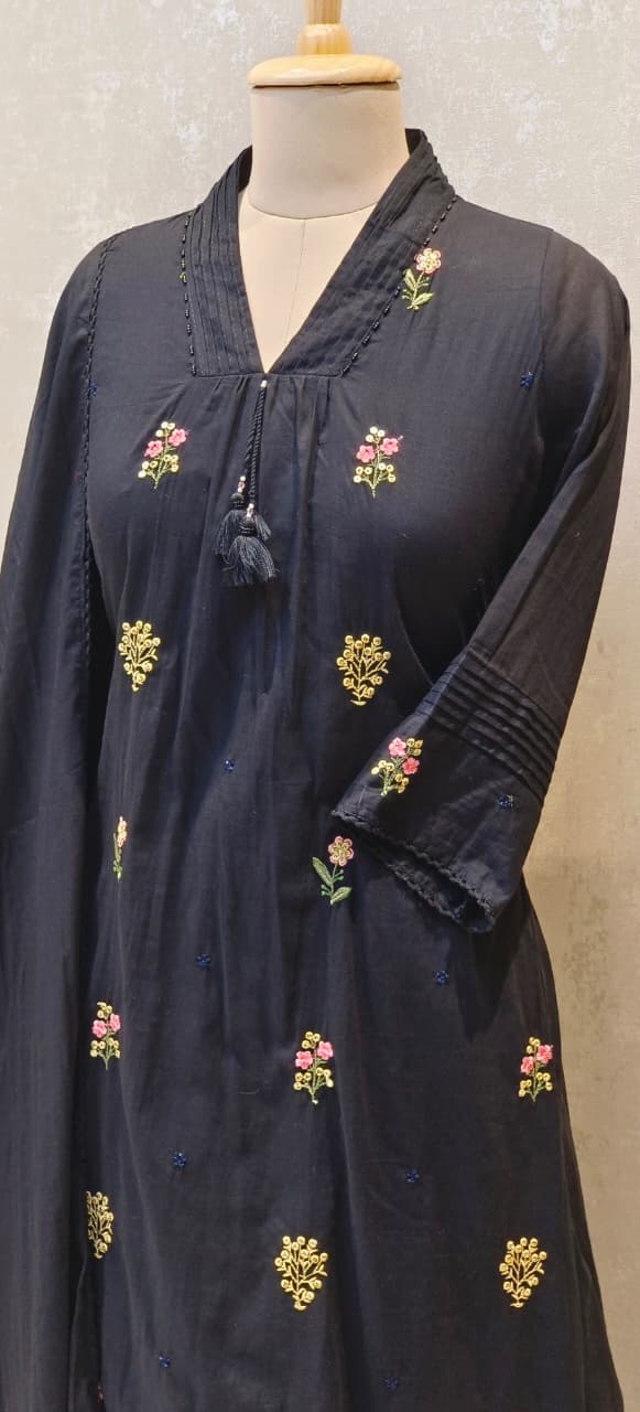 Premium Hand-Embroidered Aline Mul Cotton Kurta Pant Full Set With Tassel Detailing and Dupatta-12614,12615