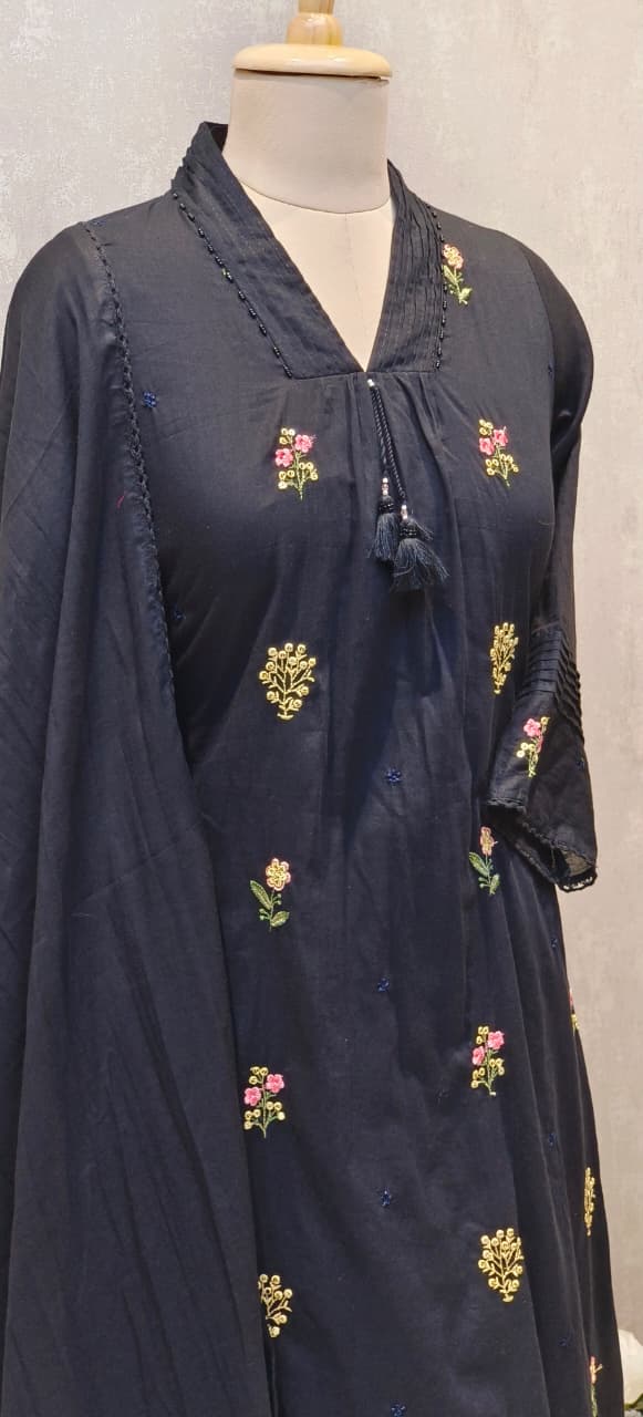 Premium Hand-Embroidered Aline Mul Cotton Kurta Pant Full Set With Tassel Detailing and Dupatta-12614,12615