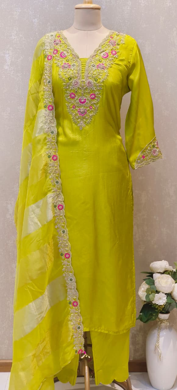 Designer Pastel Suit Set Featuring Hand-Embroidered Motifs, Rich Hem Detailing and Lightweight Dupatta DRYWASH