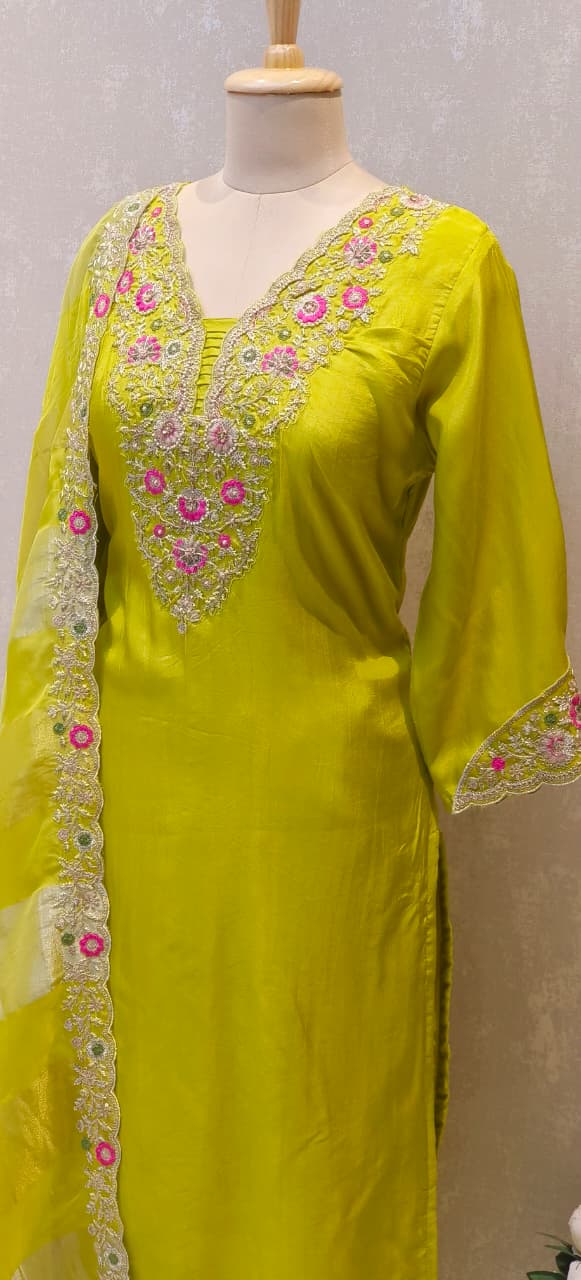 Designer Pastel Suit Set Featuring Hand-Embroidered Motifs, Rich Hem Detailing and Lightweight Dupatta DRYWASH