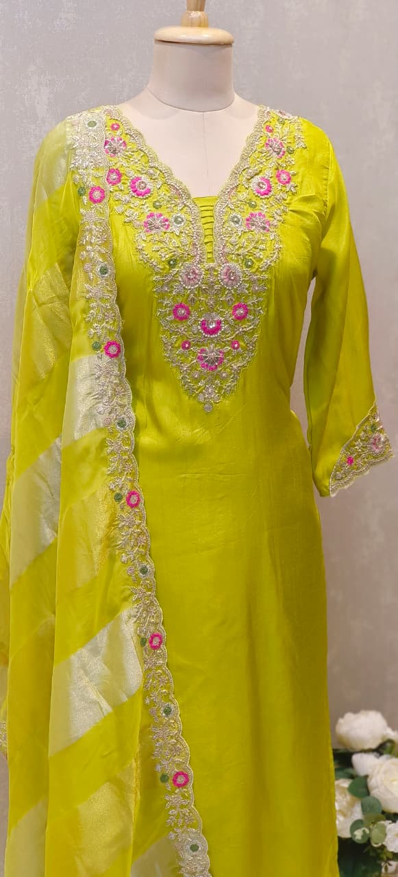 Designer Pastel Suit Set Featuring Hand-Embroidered Motifs, Rich Hem Detailing and Lightweight Dupatta DRYWASH